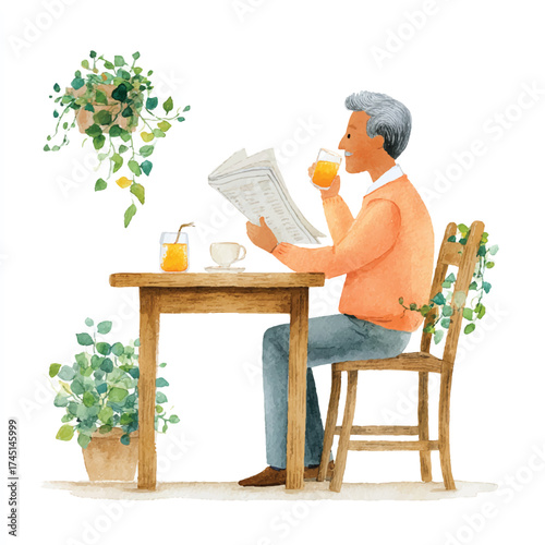 Senior man reading newspaper and eating fruit at a table in a peaceful setting.