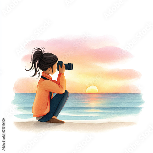 Stylized illustration of a female photographer with camera.