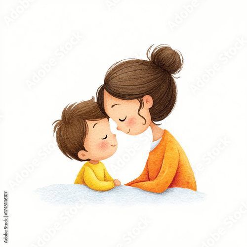 Mother and child, tender affection, loving embrace, heartwarming moment, family bond, close relationship.