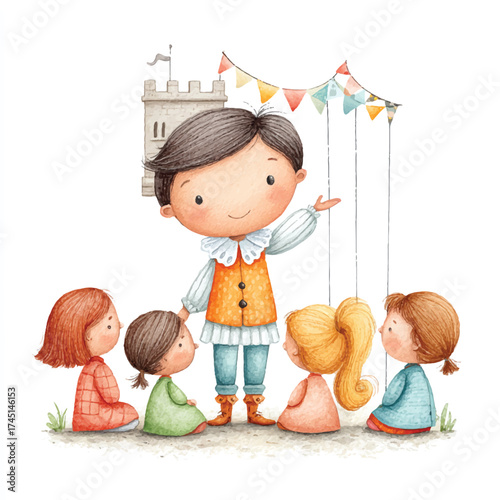 Teacher and Children Learning with Puppets in a Classroom Setting.