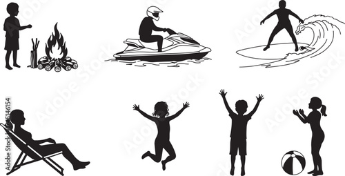 Children silhouette illustration, outdoor activities, camping, jet ski, surfing, beach play, jumping, relaxing, black figures, summer fun, recreation, minimal, bold