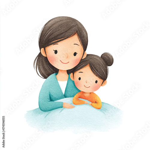 Mother and daughter embracing, heartwarming image, tender moment, loving family, close bond, happy emotions.