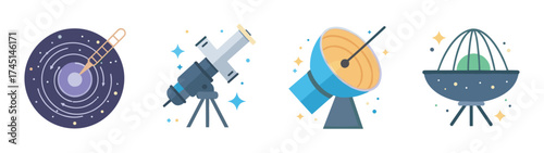 Colorful vector icons of a solar system, telescope, satellite dish, and planetarium, representing astronomy and space exploration themes.