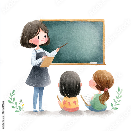 Teacher explaining lesson to students in classroom with blackboard.
