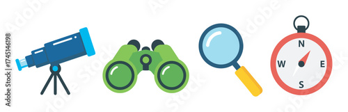 Colorful vector icons of a telescope, binoculars, magnifying glass, and compass on a white background.
