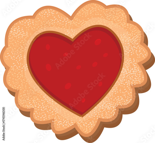 A lovely scalloped edge biscuit filled with red jam in a heart shape. An isolated vector illustration of a sweet pastry dessert