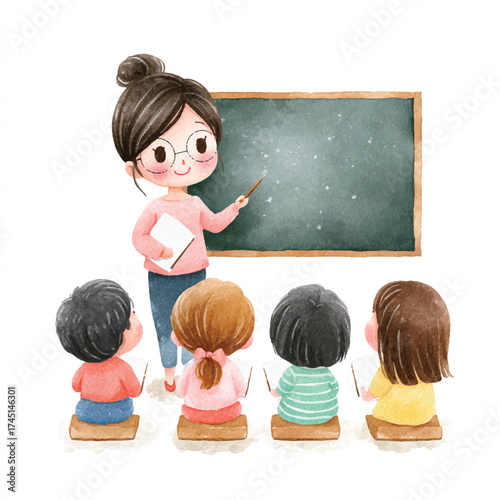 Teacher teaching students in a classroom environment with chalkboard.