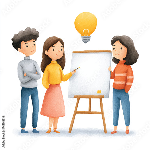 Team brainstorming ideas around a whiteboard with a lightbulb.