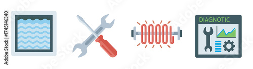 Set of icons depicting a window air conditioning unit, crossed tools, an electric coil, and a diagnostic control panel.