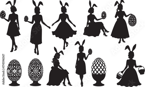 Easter bunny women silhouettes, vintage dress poses, decorated eggs, basket holding, festive celebration, black figures, spring theme, holiday art, whimsical, elegant, seasonal