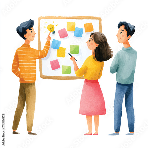 Team members brainstorming ideas using sticky notes on a whiteboard.