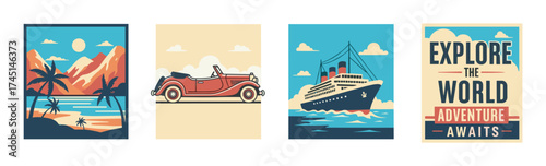 Colorful retro-style travel posters featuring a tropical beach scene, classic car, ocean liner, and motivational adventure slogan.