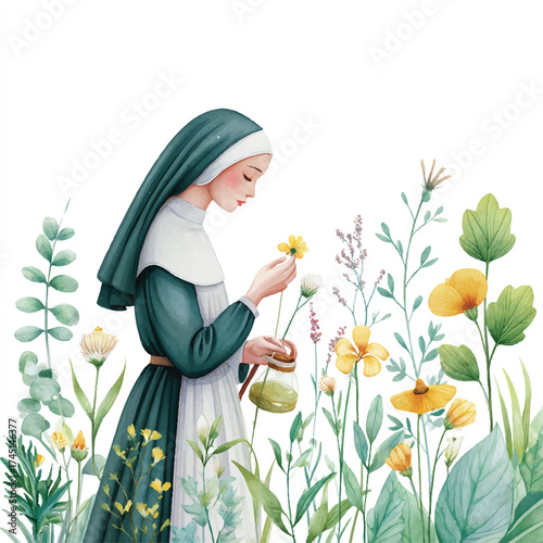 Nun in green dress picking flowers in a beautiful garden scene.