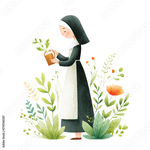 Nun tending plants in a garden.