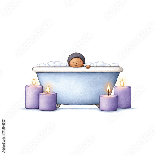 Person enjoying a relaxing bubble bath surrounded by lit candles.