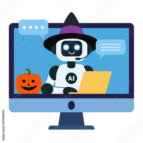 Friendly AI robot in a witch hat sitting inside a computer monitor with a Halloween pumpkin beside it. Perfect for Halloween, AI technology, virtual assistant or holiday customer service concepts.