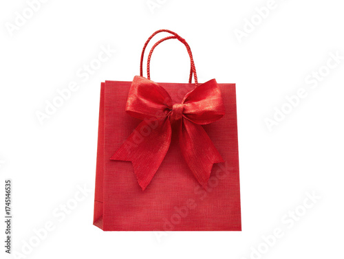 Red gift bag with a bow for festive celebrations on a transparent background, cut out