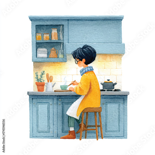 Person sitting at a kitchen counter preparing food.