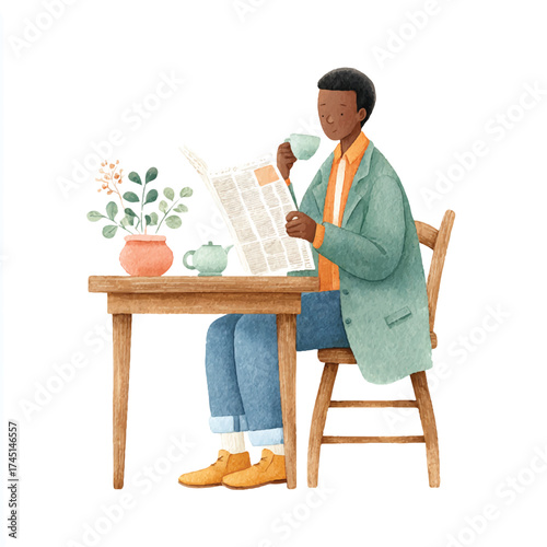 Person reading newspaper at wooden table.