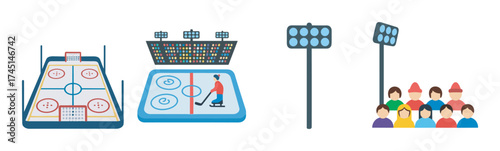 Colorful vector icons depicting a hockey rink, scoreboard, floodlights, and a diverse group of spectators wearing hats.