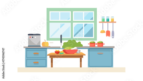 Illustration of kitchen interior design with window, table and kitchenware for cooking concept