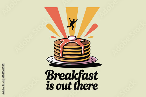 Whimsical retro pancake breakfast bursting with joy and sunshine rays