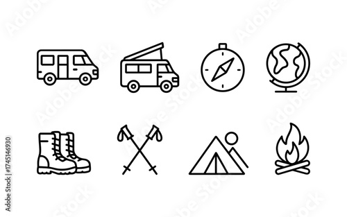 Travel and adventure icons set. Camper van, hiking, camping, navigation, exploration. Outline vector illustrations