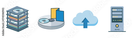 A stack of cds, a cd with a case, a cloud upload icon, and a computer tower are displayed in a minimalistic flat design.
