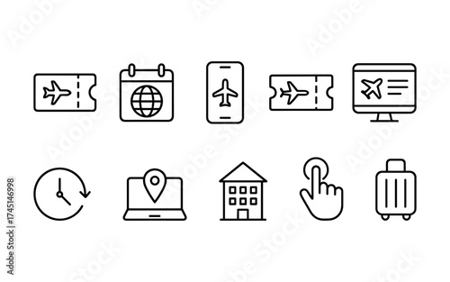 Travel and adventure icons set. Camper van, hiking, camping, navigation, exploration. Outline vector illustrations