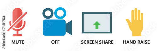 Colorful icons representing mute, off, screen share, and hand raise functions in digital communication applications.