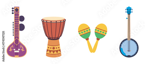 Colorful collection of four musical instruments including a sitar, djembe, maracas, and banjo, each depicted in a stylized and vibrant design.
