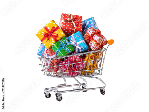 Colorful gift boxes in a shopping cart for celebration season on a transparent background, cut out