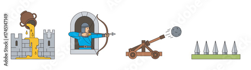 Medieval defense strategies depicted with a soldier in blue aiming an arrow through a castle window, a catapult launching a rock, and a wooden barrier with spikes.