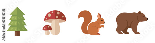 Simple flat vector icons of a green pine tree, red mushrooms with white spots, a brown squirrel, and a brown bear.
