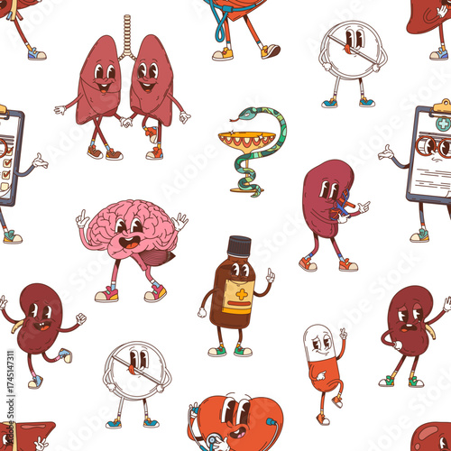Groovy medicine and human organ characters pattern on cartoon background, seamless vector. Groovy funny medical pill, brain and kidney with doctor prescription, heart with stethoscope for kids pattern