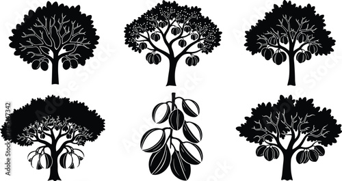 Fruit tree silhouettes with clustered fruits, black vector icons, abstract orchard illustration, decorative tree designs, isolated foliage set, agricultural nature elements