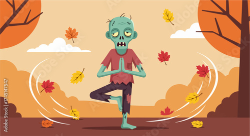 Zombie character performs yoga tree pose in autumn landscape, concept of Halloween celebration, wellness, and mindfulness with humorous twist.
