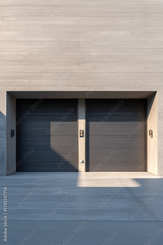 Fototapeta premium Contemporary minimalistic garages with sleek gates. Clean design, modern aesthetics, and functional architecture.