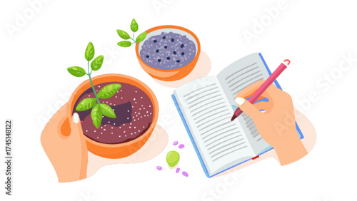Illustration of gardening journal with plant growth notes and seed inventory for hobby gardeners