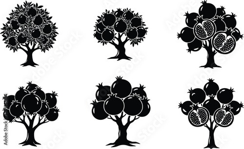 Pomegranate tree silhouettes with fruits, black vector icons, abstract orchard illustration, decorative tree designs, isolated foliage set, agricultural nature elements