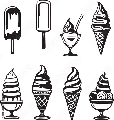 Black and white ice cream illustration set with cones, sundaes, bars, and soft serve in stylized vector style