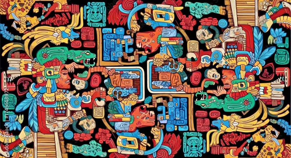 Obraz premium Intricate figurative pattern in a seamless repeating design of dynamic Mesoamerican priests and warriors