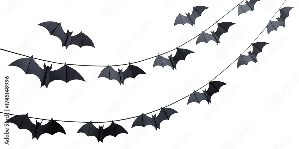 Fototapeta premium Flying bats on strings: halloween decoration with hanging bats
