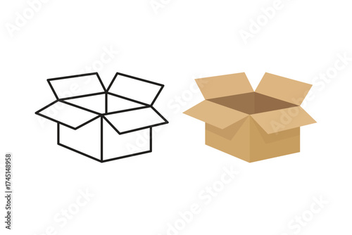 Open Cardboard Box Outline and Flat Design on White Background Vector