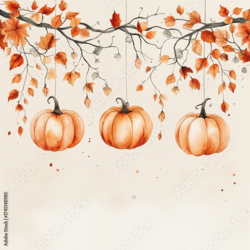 Wallpaper Mural Watercolor Pumpkins Hanging from Autumn Branches with Falling Leaves Against Beige Background Torontodigital.ca
