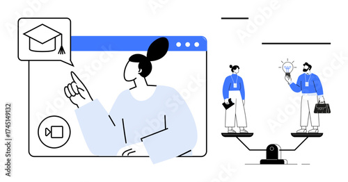 Online student clicking graduation icon in a lesson, balanced scale with man and woman sharing ideas. Ideal for education, gender fairness, innovation, decision-making, equality, learning, teamwork