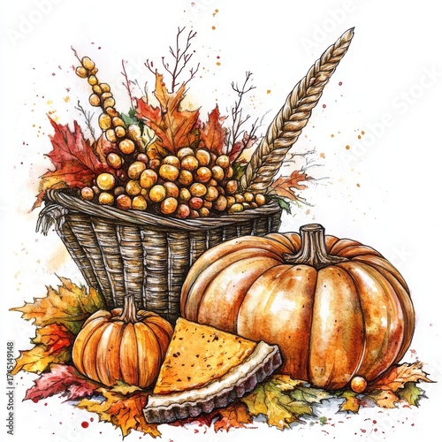 Wallpaper Mural Watercolor Still Life of Wicker Basket Filled with Fall Harvest Decoration and Pumpkins Torontodigital.ca