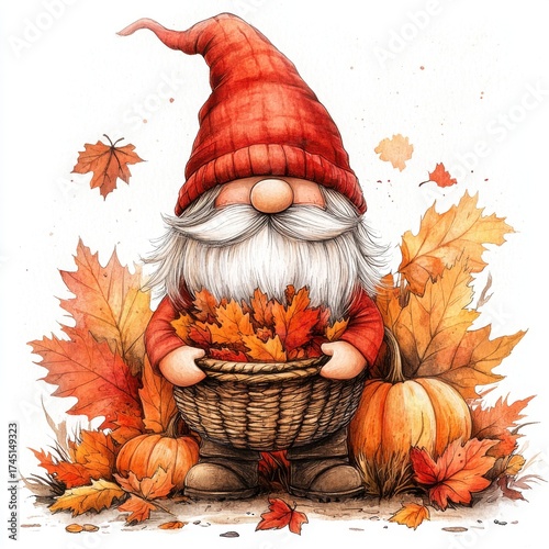 Wallpaper Mural Whimsical Gnome in Red Hat Surrounded by Autumn Leaves and Pumpkins in Watercolor Style Torontodigital.ca