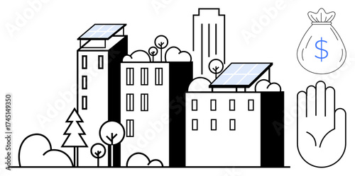 City buildings with rooftop solar panels, green trees, and minimalistic elements convey sustainability, renewable energy, and financial investment. Ideal for eco-living, clean energy, urban planning