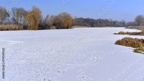 Bild auf Leinwand Winter landscape with frozen River Mures in January 2020.